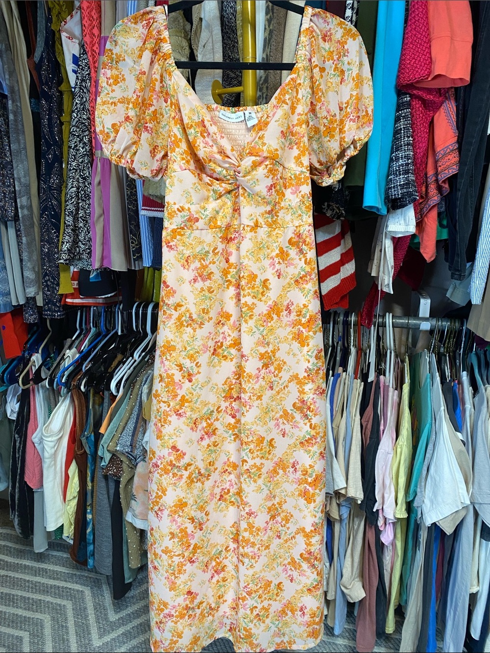Sincerely Jules Peach Floral Puff-Sleeve Long Midi Dress
